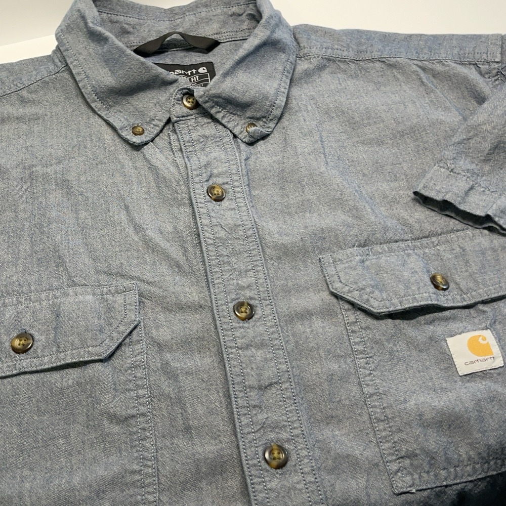 Carhartt Mens Shirt XL Blue Chambray Loose Fit Pockets Short Sleeve Work Casual‎